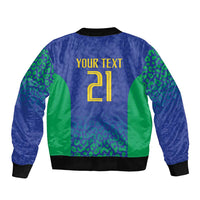 Back of blue and green bomber jacket with YOUR TEXT print, ribbed collar and hem