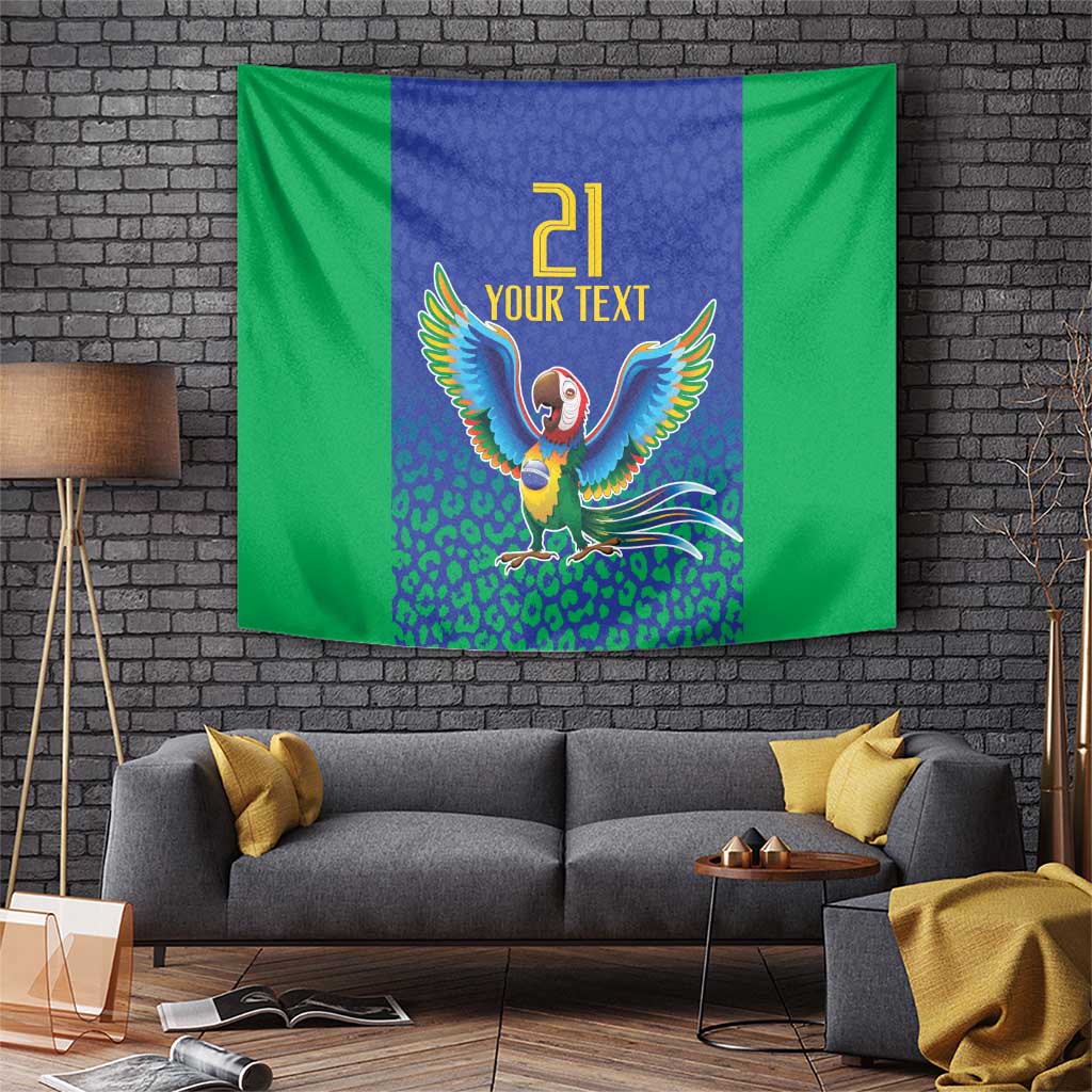 Wall tapestry with green and blue Brazil colors, featuring a macaw mascot and “YOUR TEXT”.