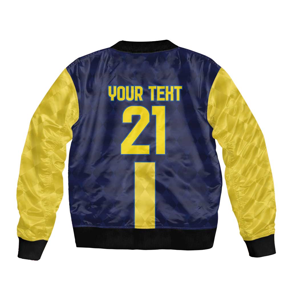 Gold and navy bomber jacket back with large yellow 'YOUR TERT' text and number 21