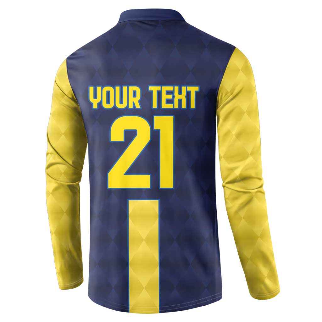 Gold and navy button long-sleeve sweatshirt with 'YOUR TEXT 21' on back
