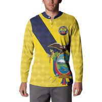 Gold and navy button long-sleeve sweatshirt with crest and colorful map graphic