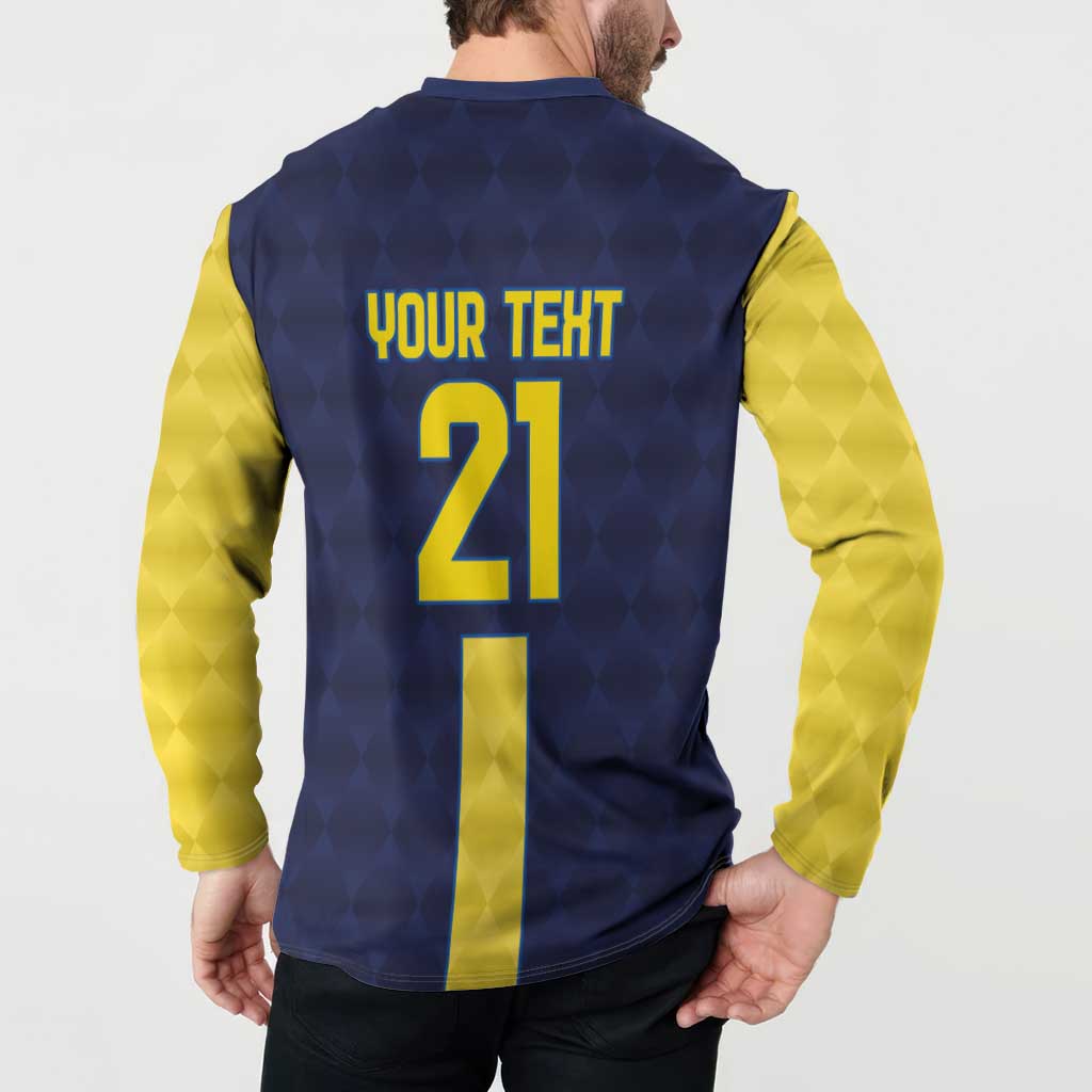 Gold and navy button long-sleeve sweatshirt with back 'YOUR TEXT 21' print