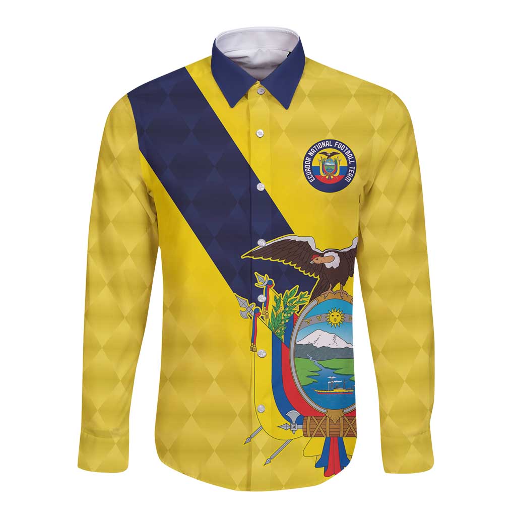 Gold and navy long-sleeve button shirt with crest and colorful Ecuador-style graphic