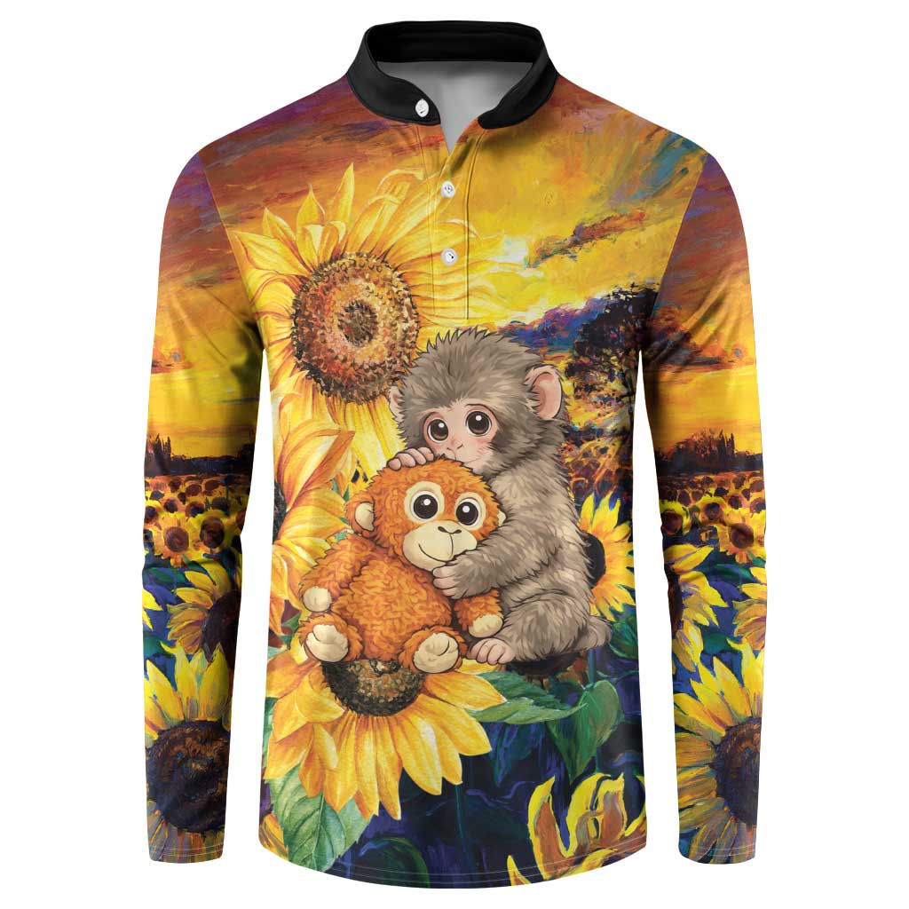 Baby Monkey Punch Personalized Button Sweatshirt Sunflower Field Oil Painting Style