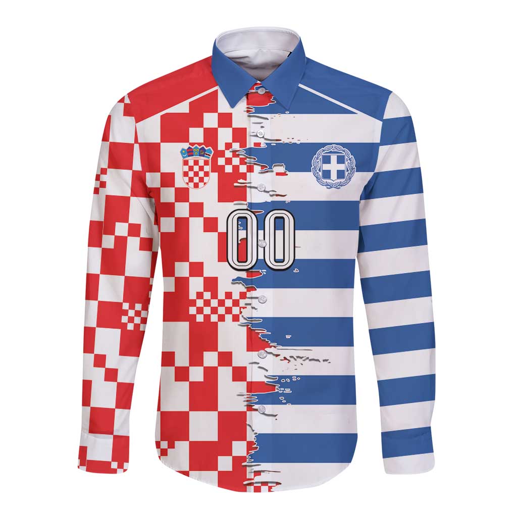 Custom Croatia Greece Cultural Half Flag Long Sleeve Button Shirt Scratch Style