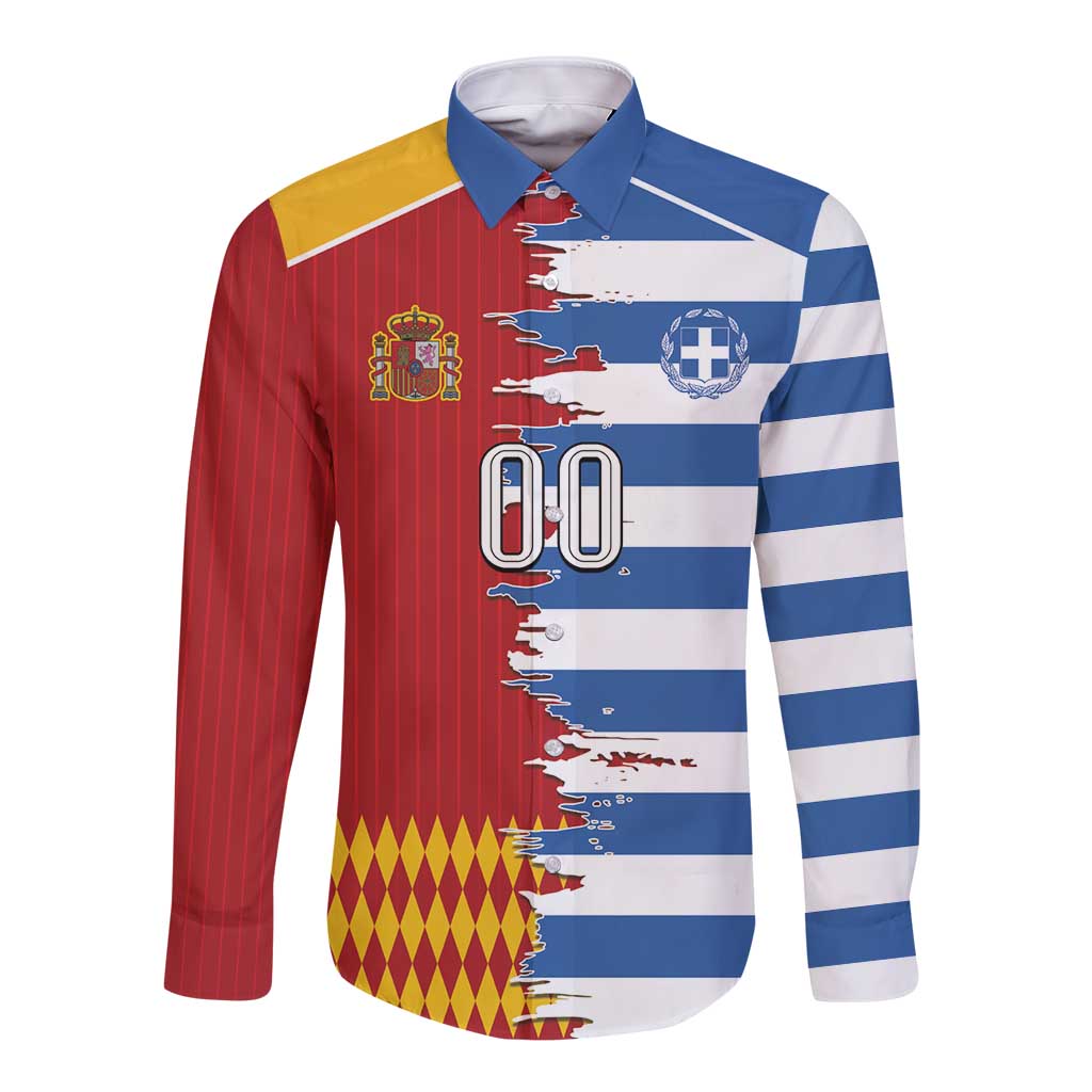 Custom Greece Spain Cultural Half Flag Long Sleeve Button Shirt Scratch Style