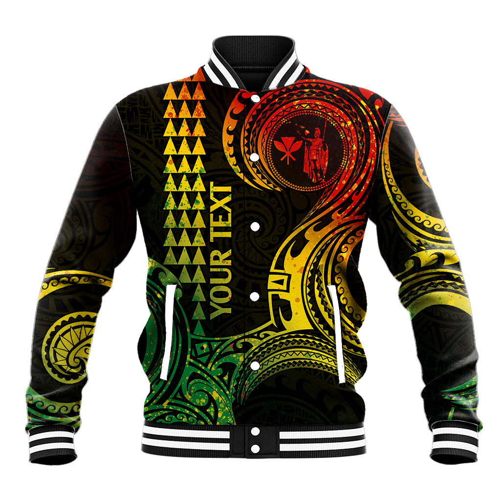 Baseball jacket with black-and-green front print, red/yellow tribal graphics, striped rib cuffs