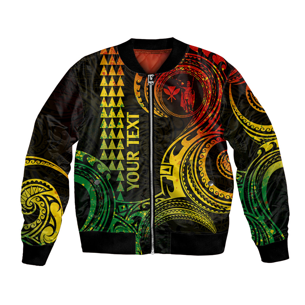 Black bomber jacket with bold Polynesian tribal print, ribbed collar, cuffs, and hem