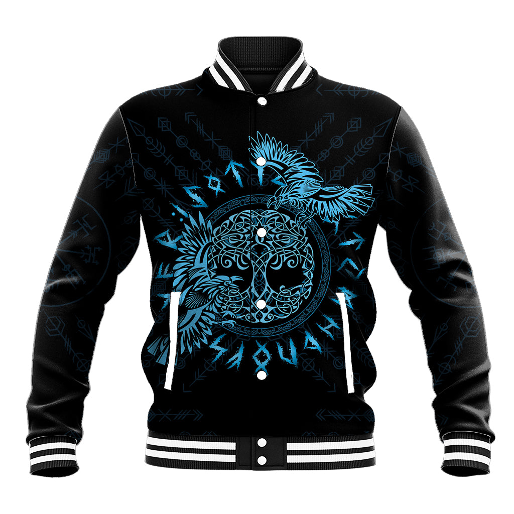 Black baseball jacket with blue raven Celtic graphic, striped collar, cuffs, and hem