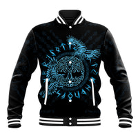 Black baseball jacket with blue raven Celtic graphic, striped collar, cuffs, and hem