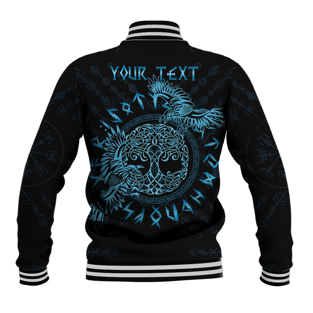 Black baseball jacket back with blue raven Celtic graphic and 'YOUR TEXT', striped rib trim