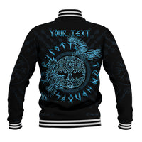 Black baseball jacket back with blue raven Celtic graphic and 'YOUR TEXT', striped rib trim