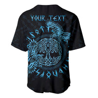 Black baseball jersey with blue raven and “VOUR TEXT” graphic on back