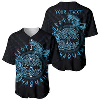 Black baseball jersey showing blue raven front and back prints