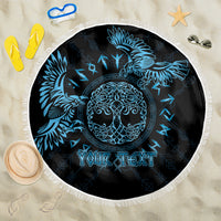 Personalized round beach blanket with blue raven and Celtic moon design, fringed edge