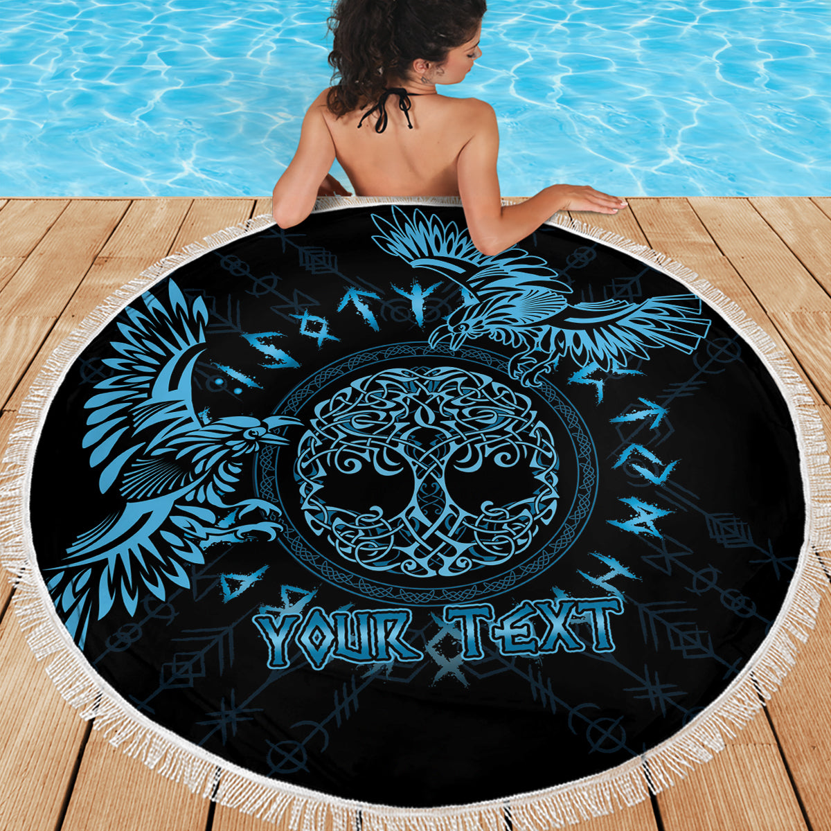 Personalized round beach blanket featuring blue raven and Celtic moon artwork, tassel fringe edge
