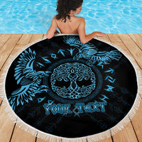 Personalized round beach blanket featuring blue raven and Celtic moon artwork, tassel fringe edge