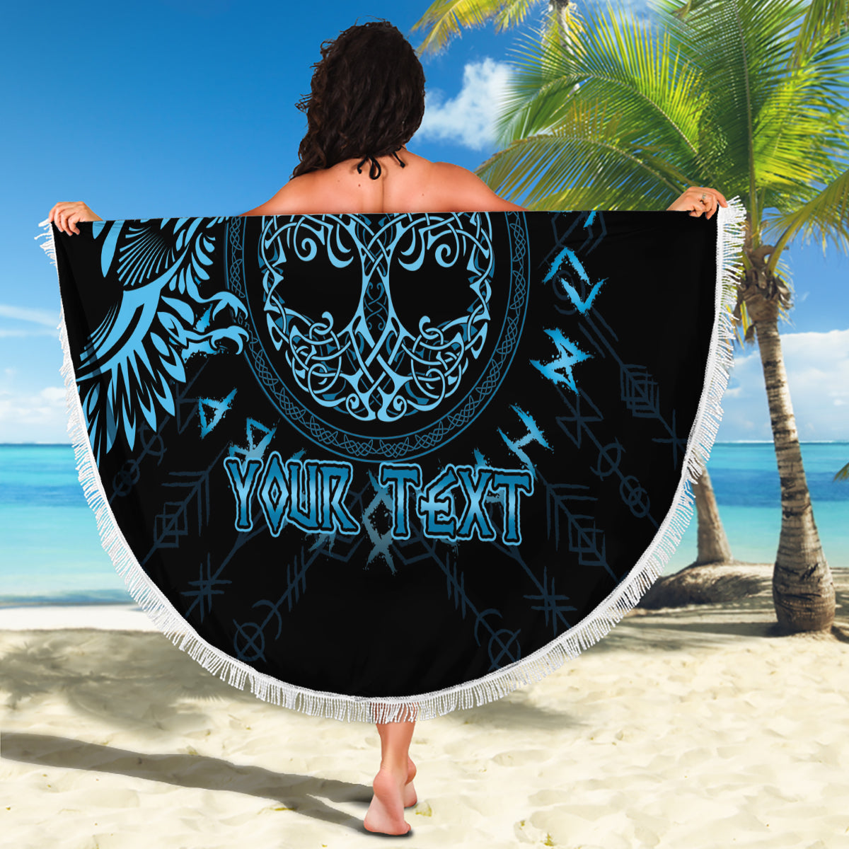 Personalized round beach blanket with blue raven and Celtic moon design and 'Your Text', fringe
