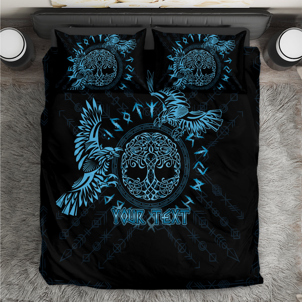 Black and blue bedding set with large raven and circular rune design, two pillowcases