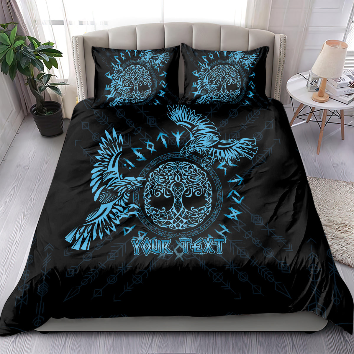 Blue and black duvet set with raven, mandala center, and two matching pillow shams