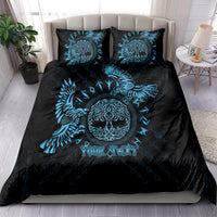 Blue and black duvet set with raven, mandala center, and two matching pillow shams