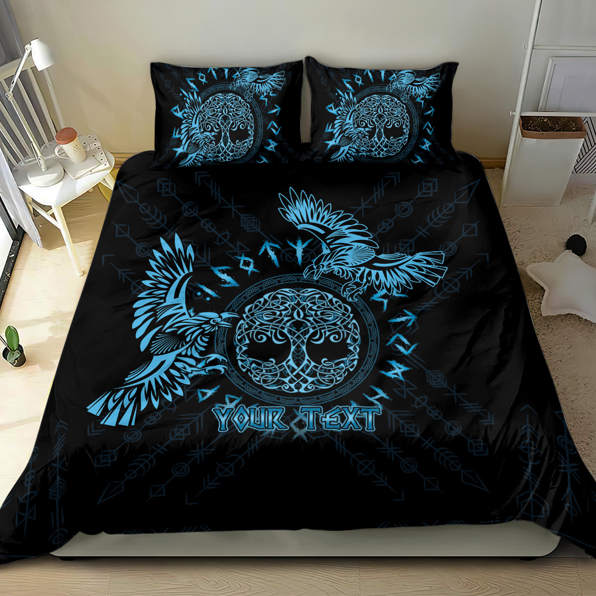 Black and blue duvet set with raven artwork, circular face emblem, and two pillowcases