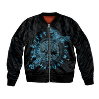 Black bomber jacket with teal Celtic raven front graphic and zip closure