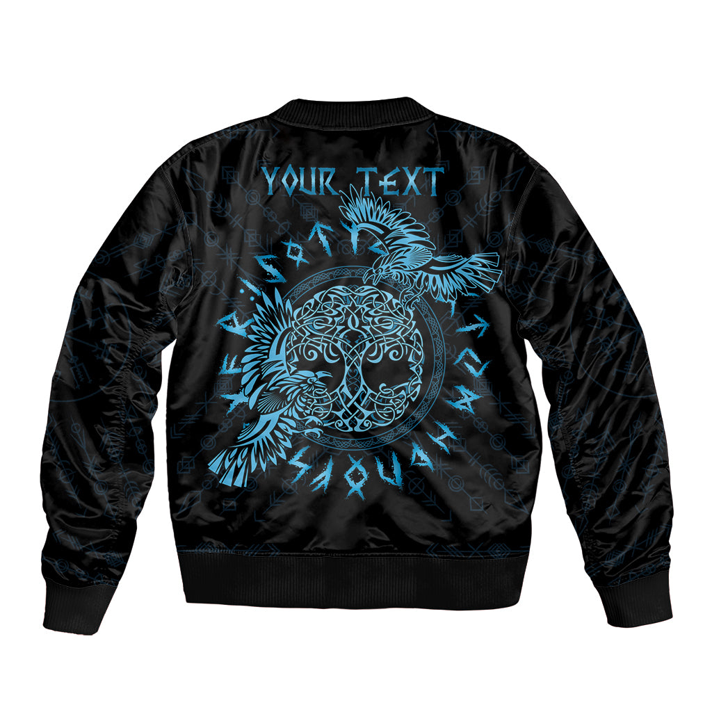 Black bomber jacket with teal Celtic raven back graphic and 'YOUR TEXT' area