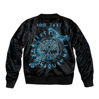 Black bomber jacket with teal Celtic raven back graphic and 'YOUR TEXT' area