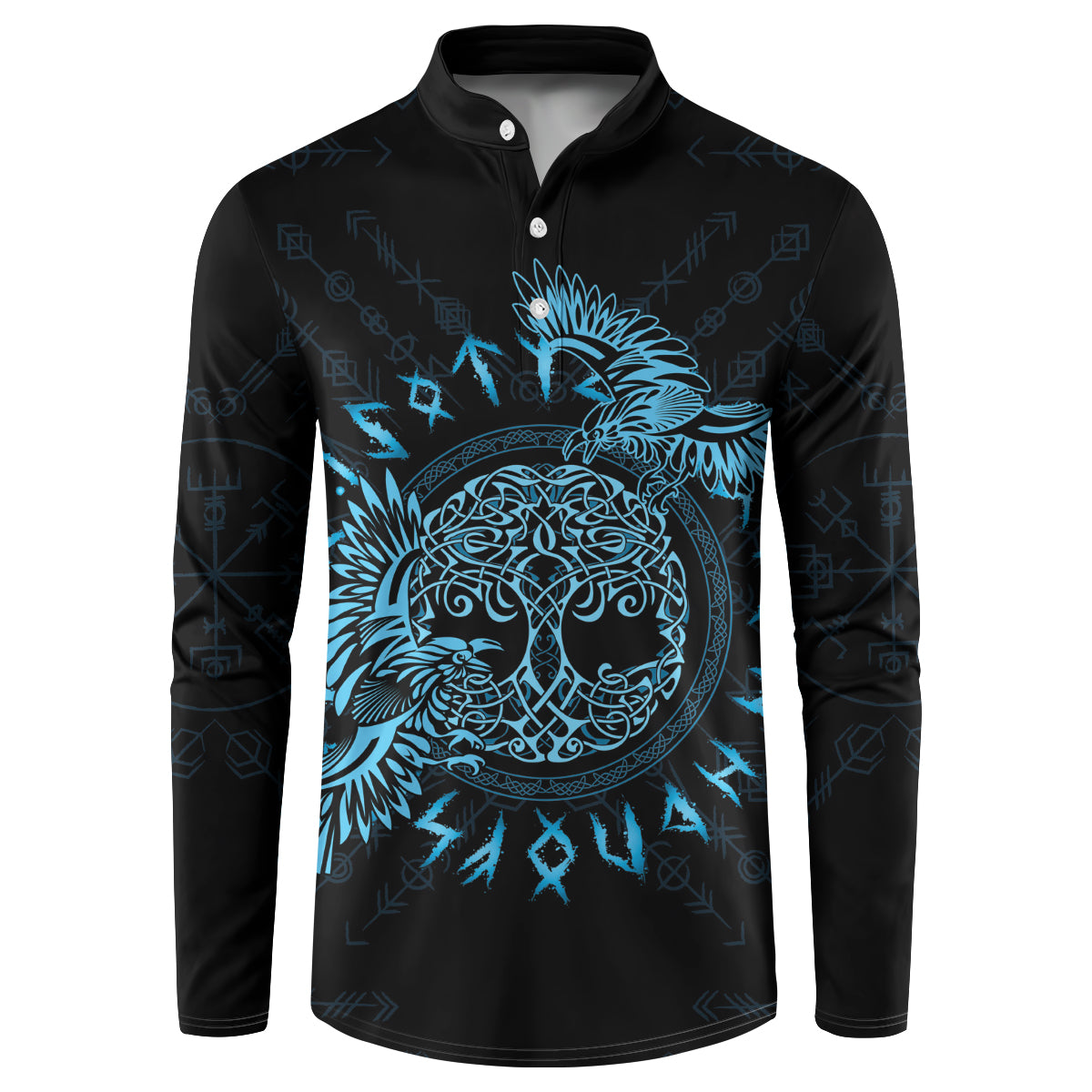 Black button-front sweatshirt with blue raven-and-tree Celtic graphic