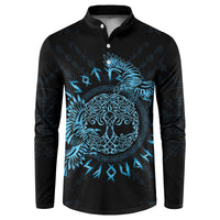 Black button-front sweatshirt with blue raven-and-tree Celtic graphic