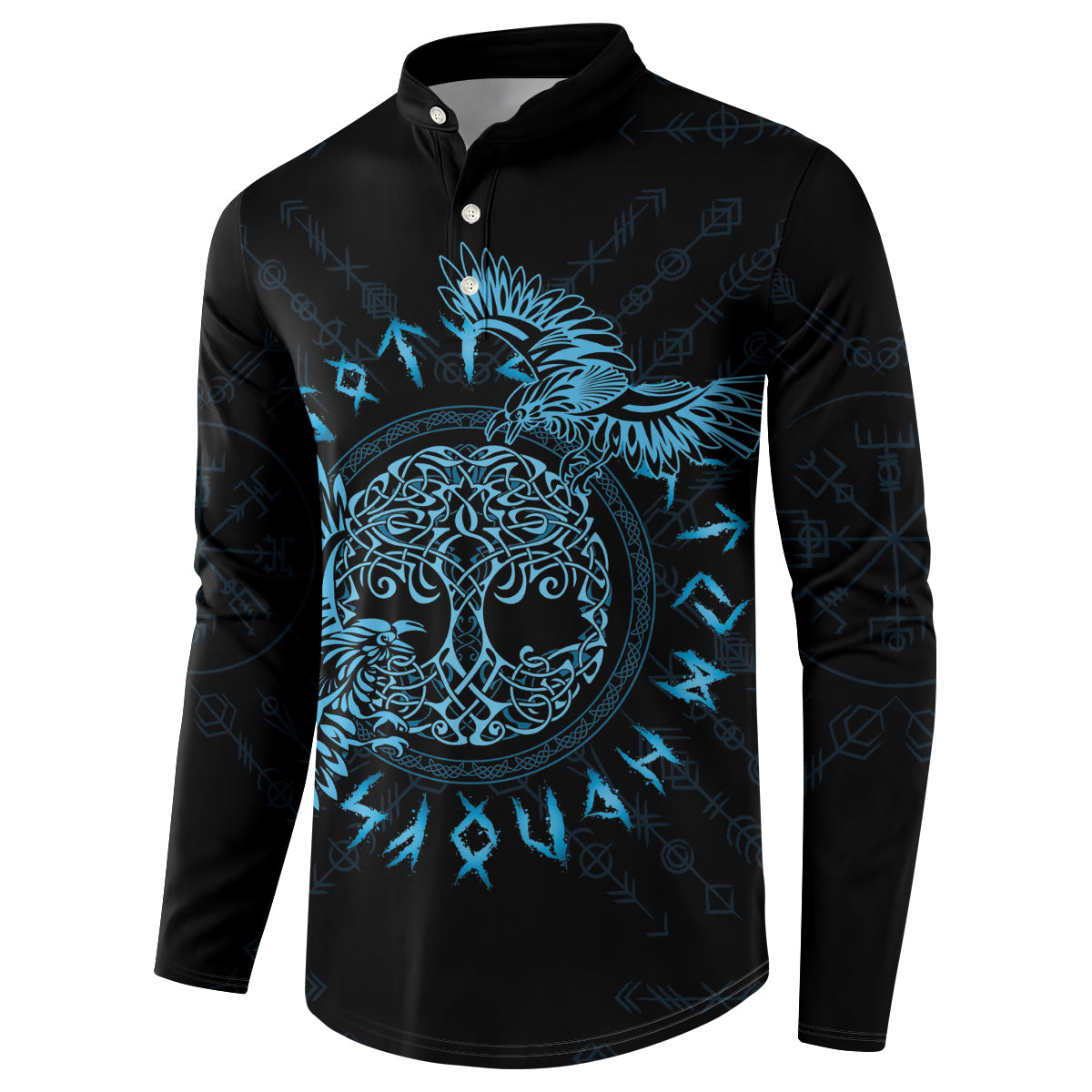 Black button-front sweatshirt with large blue Celtic raven illustration, front view