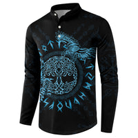 Black button-front sweatshirt with large blue Celtic raven illustration, front view