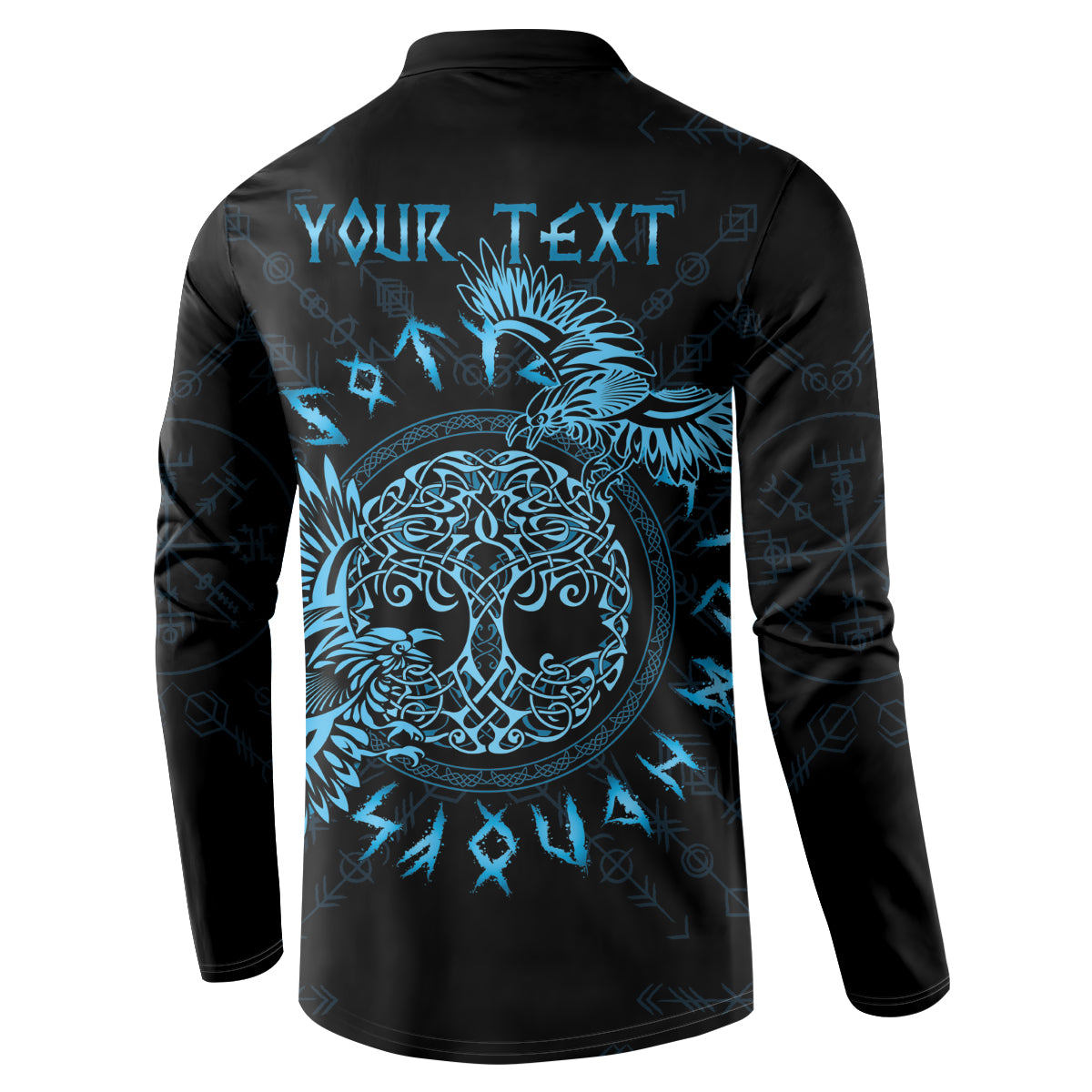 Black button-front sweatshirt with back graphic showing blue raven and Celtic knotwork