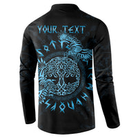 Black button-front sweatshirt with back graphic showing blue raven and Celtic knotwork