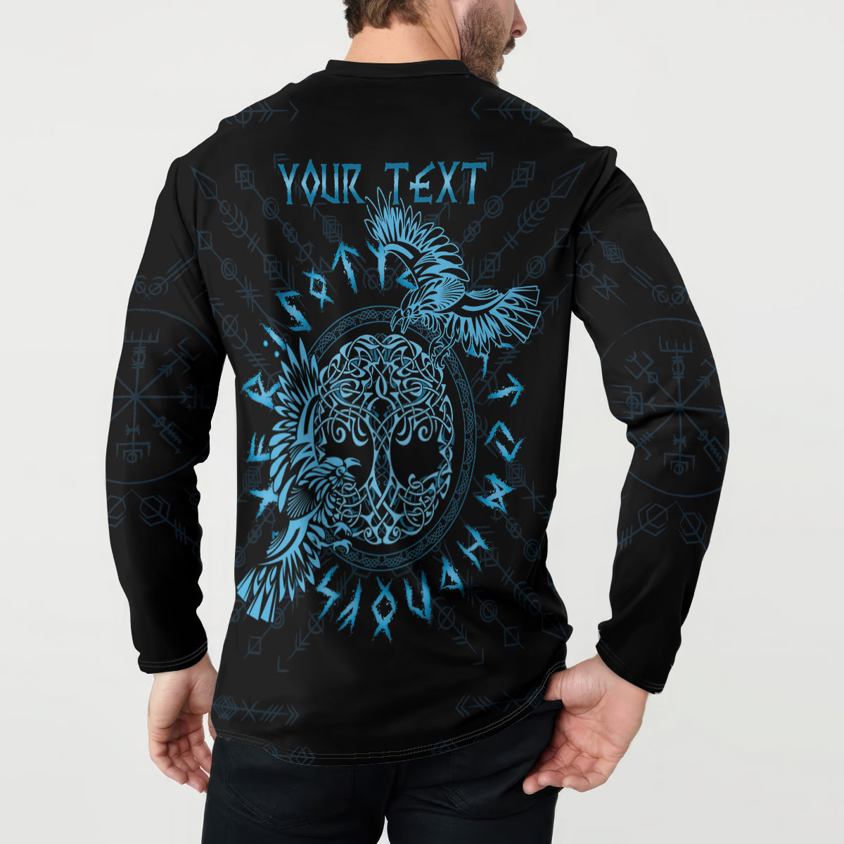 Black button-front sweatshirt with blue back graphic and Celtic raven motif