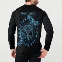 Black button-front sweatshirt with blue back graphic and Celtic raven motif