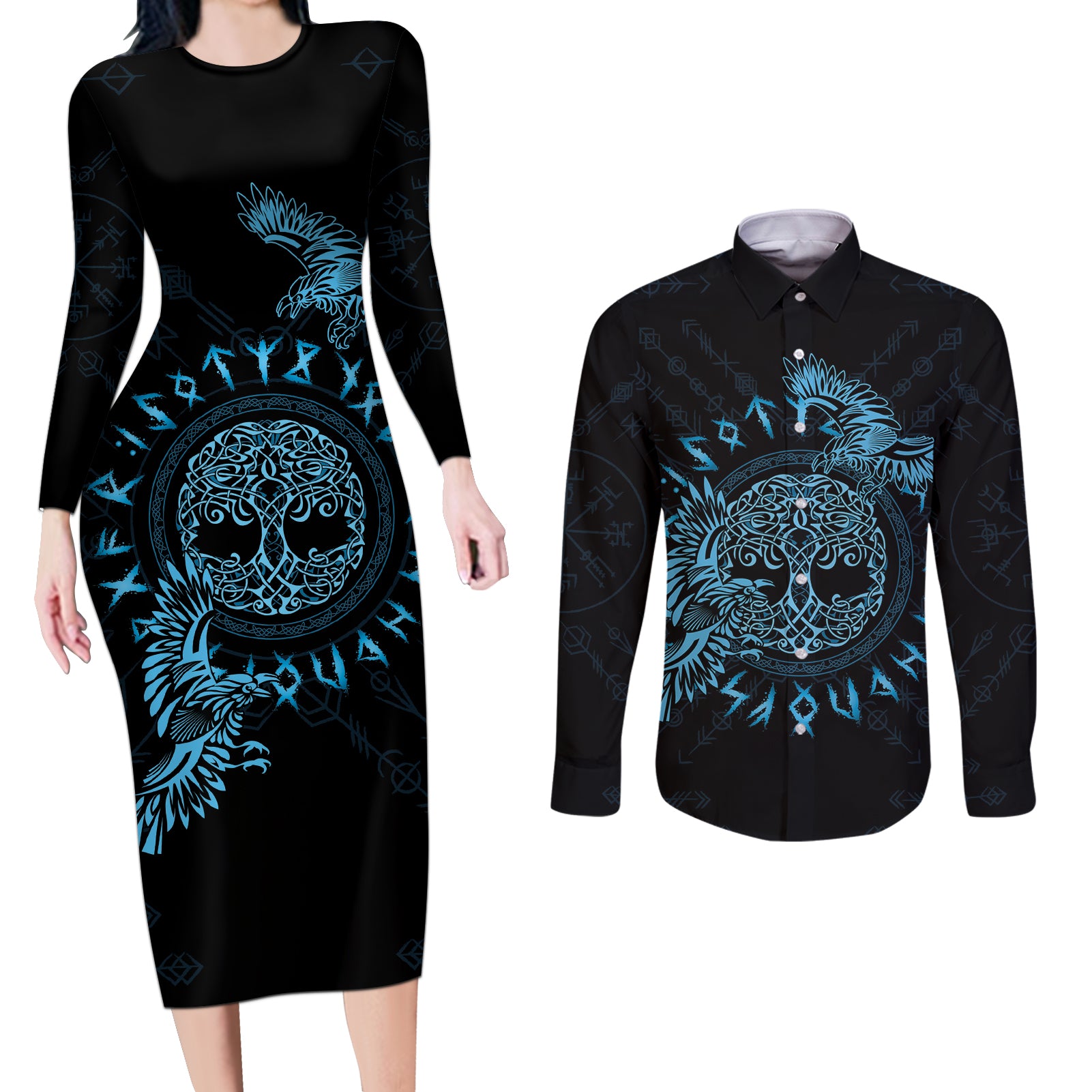 Personalized Odin's Celtic Raven Couples Matching Long Sleeve Bodycon Dress and Long Sleeve Button Shirt Blue Scandinavian Tattoo LT9 - Wonder Print Shop