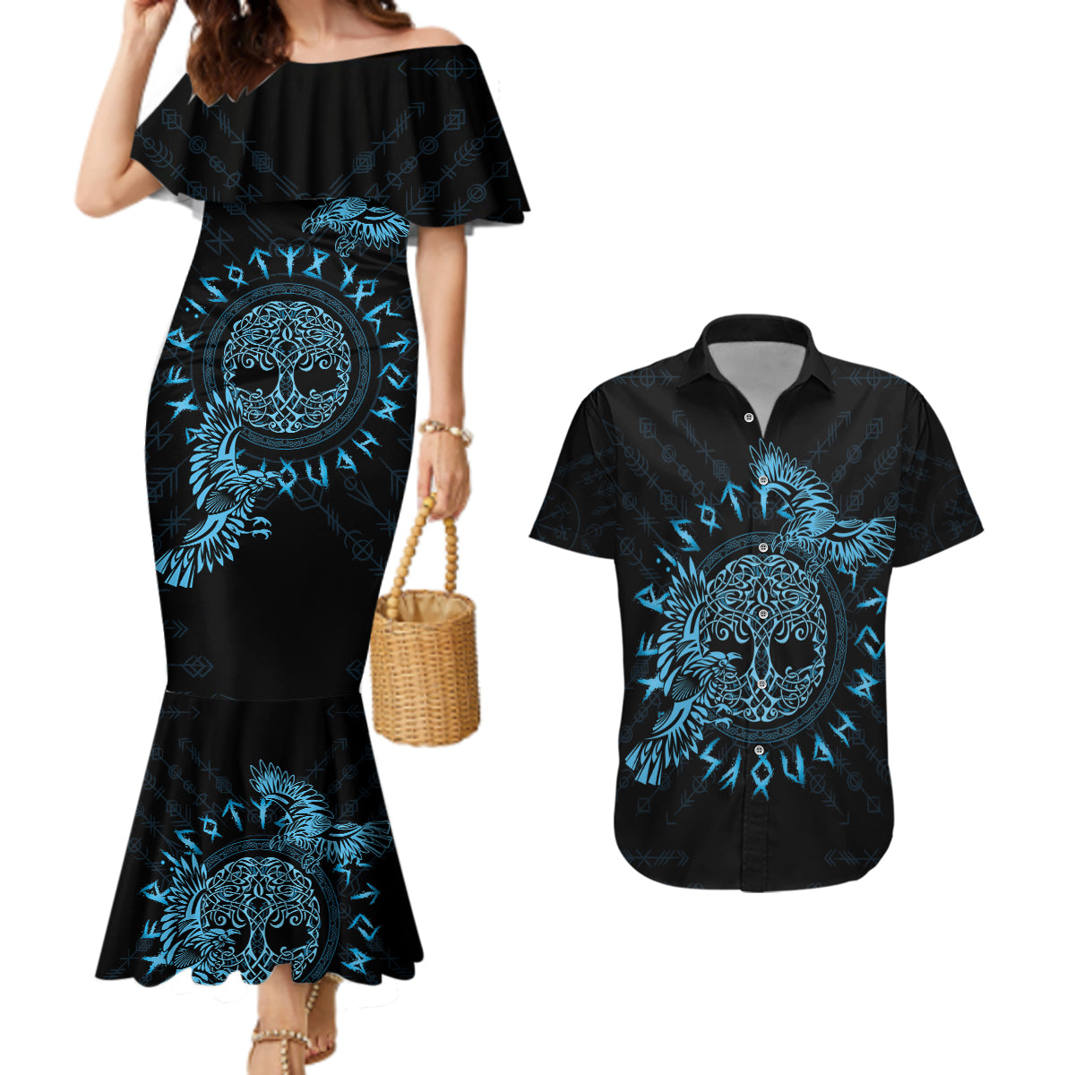 Personalized Odin's Celtic Raven Couples Matching Mermaid Dress and Hawaiian Shirt Blue Scandinavian Tattoo LT9 - Wonder Print Shop