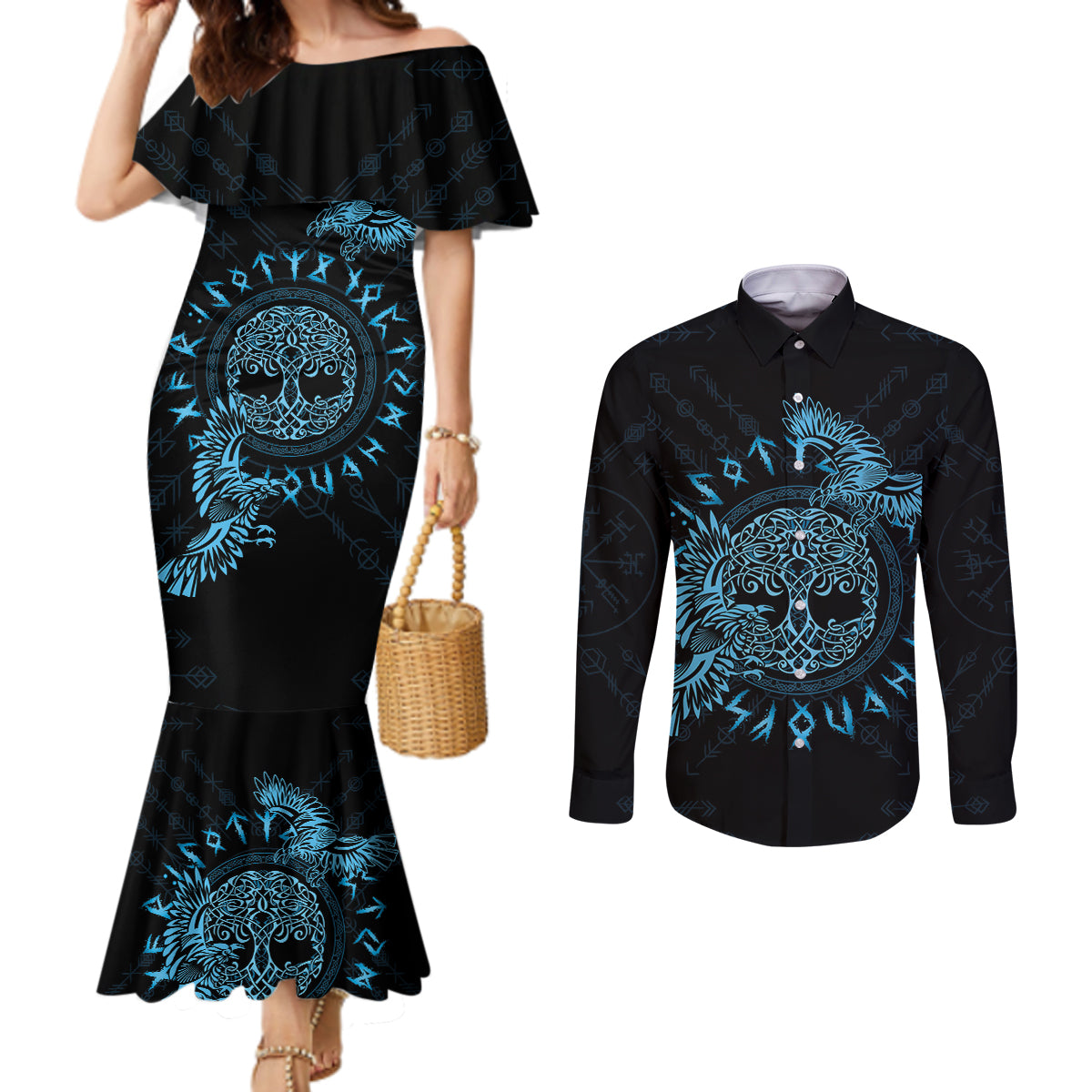 Personalized Odin's Celtic Raven Couples Matching Mermaid Dress and Long Sleeve Button Shirt Blue Scandinavian Tattoo