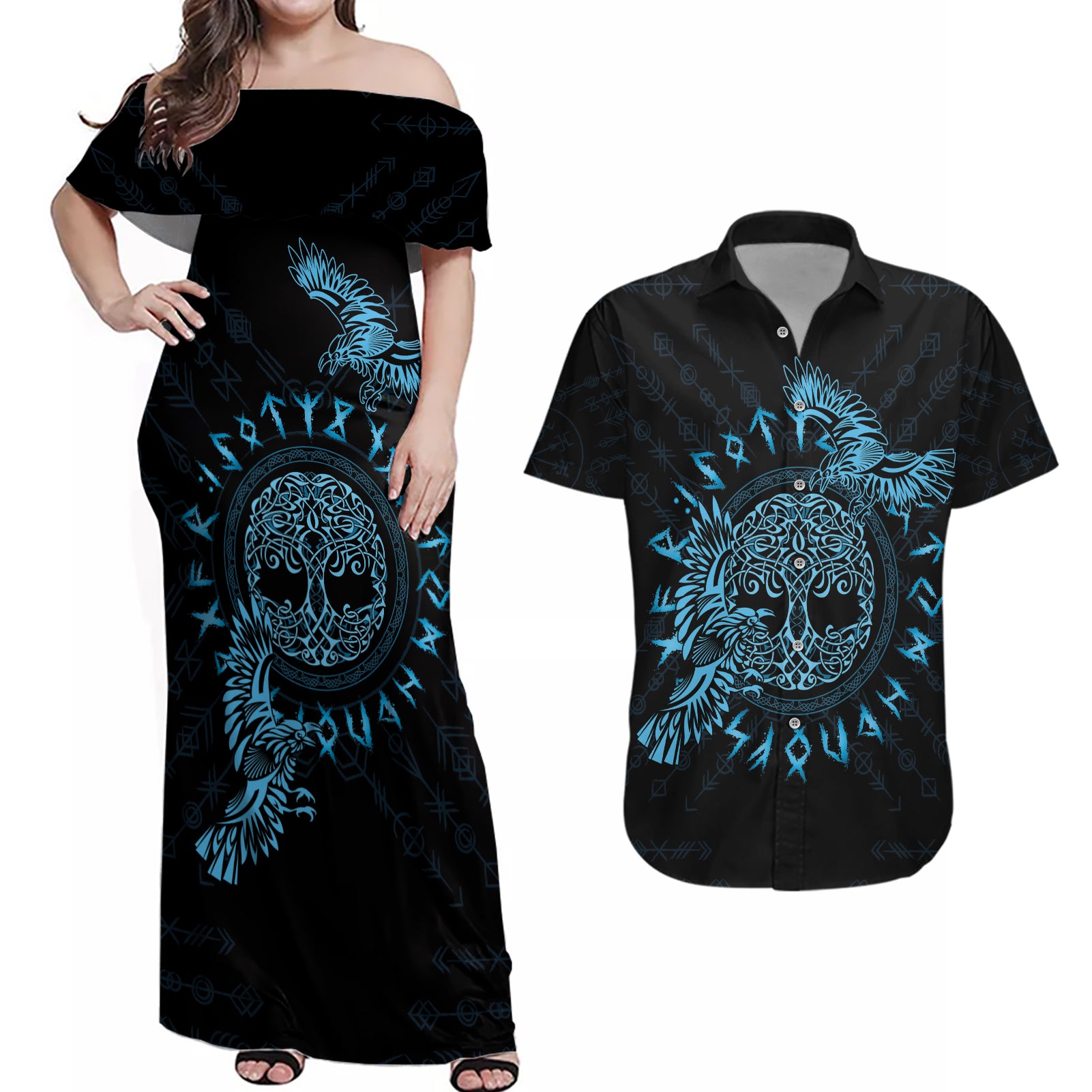 Personalized Odin's Celtic Raven Couples Matching Off Shoulder Maxi Dress and Hawaiian Shirt Blue Scandinavian Tattoo LT9 - Wonder Print Shop