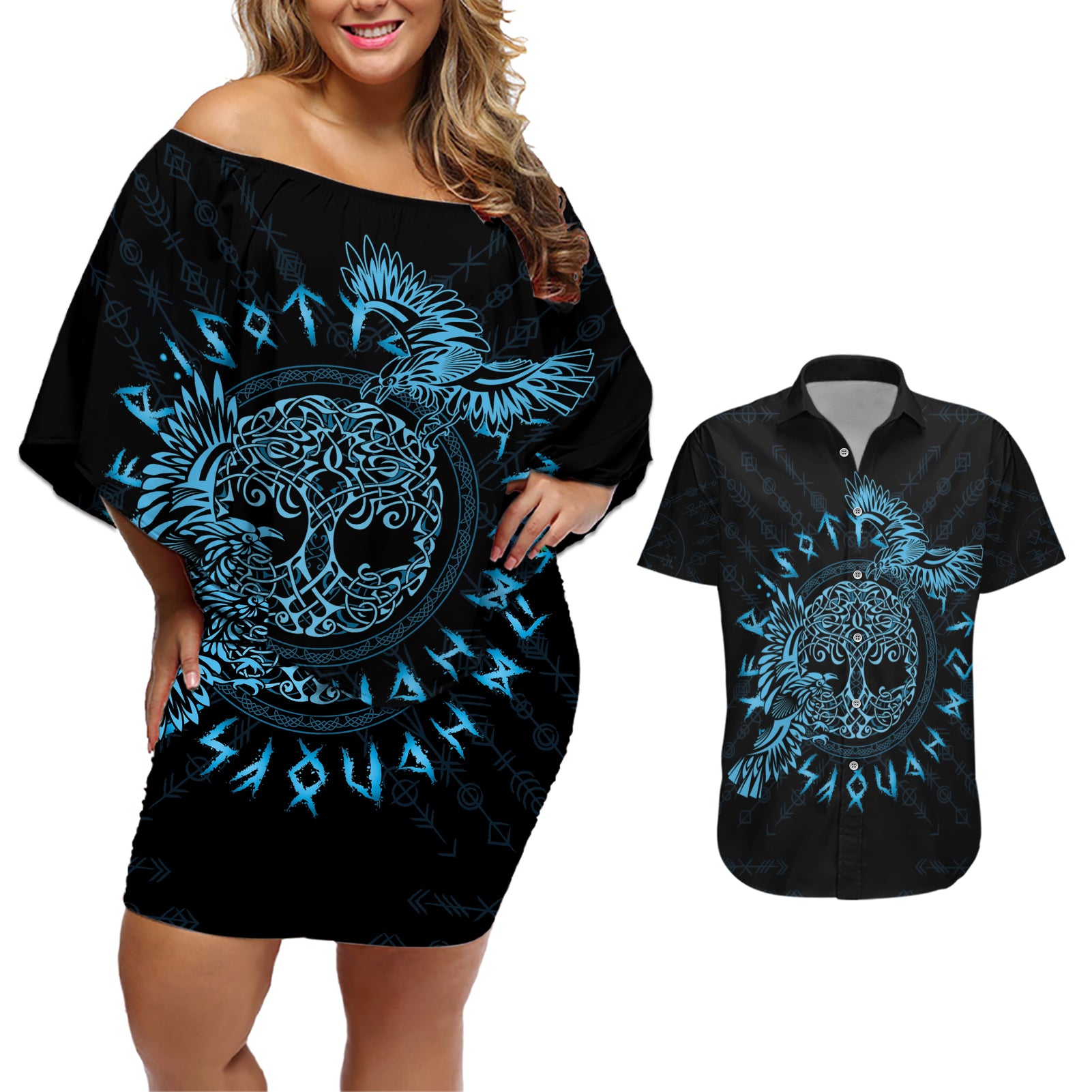 Personalized Odin's Celtic Raven Couples Matching Off Shoulder Short Dress and Hawaiian Shirt Blue Scandinavian Tattoo LT9 - Wonder Print Shop