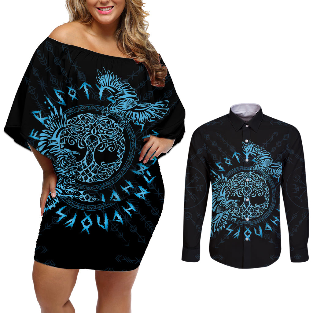 Personalized Odin's Celtic Raven Couples Matching Off Shoulder Short Dress and Long Sleeve Button Shirt Blue Scandinavian Tattoo LT9 - Wonder Print Shop