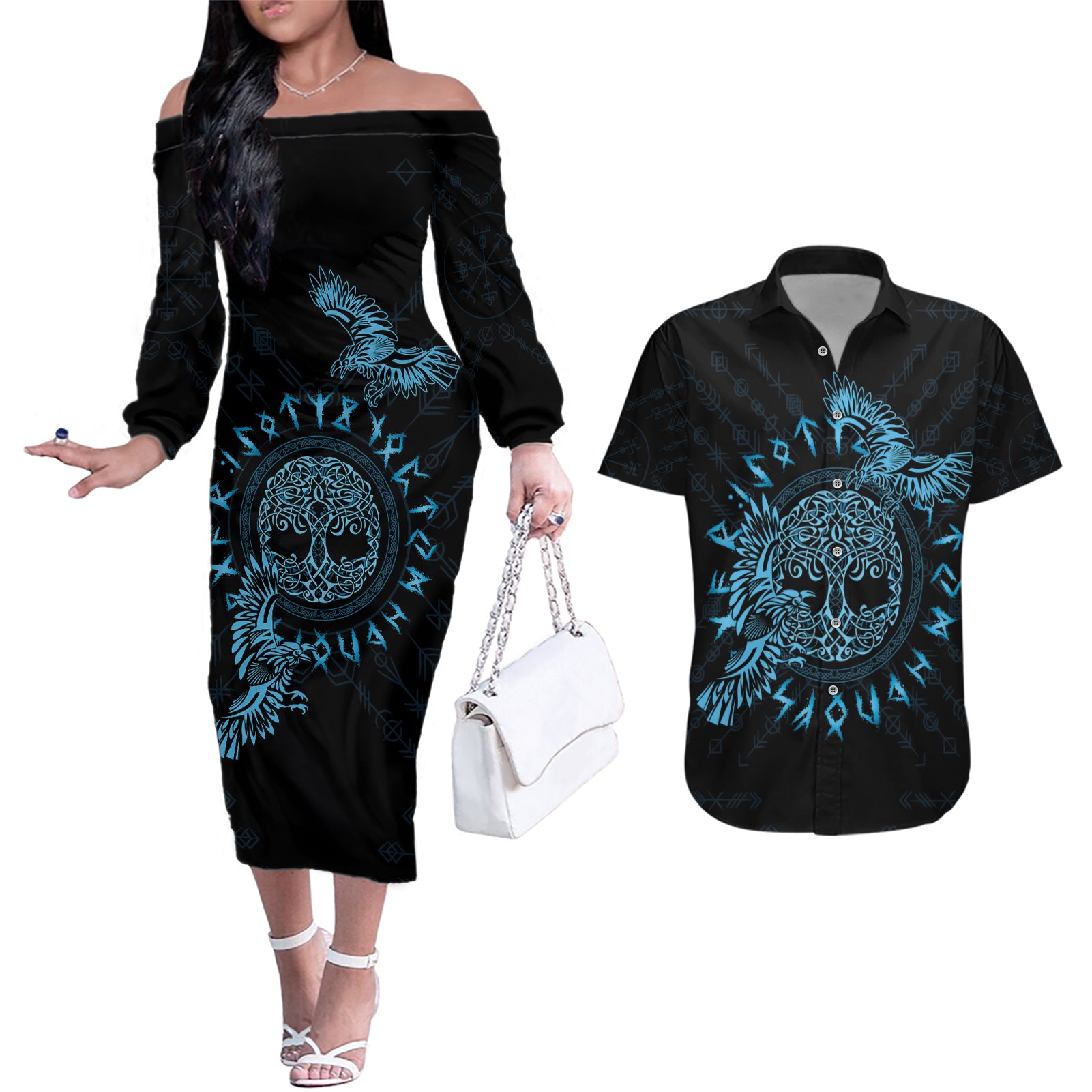 Personalized Odin's Celtic Raven Couples Matching Off The Shoulder Long Sleeve Dress and Hawaiian Shirt Blue Scandinavian Tattoo LT9 - Wonder Print Shop