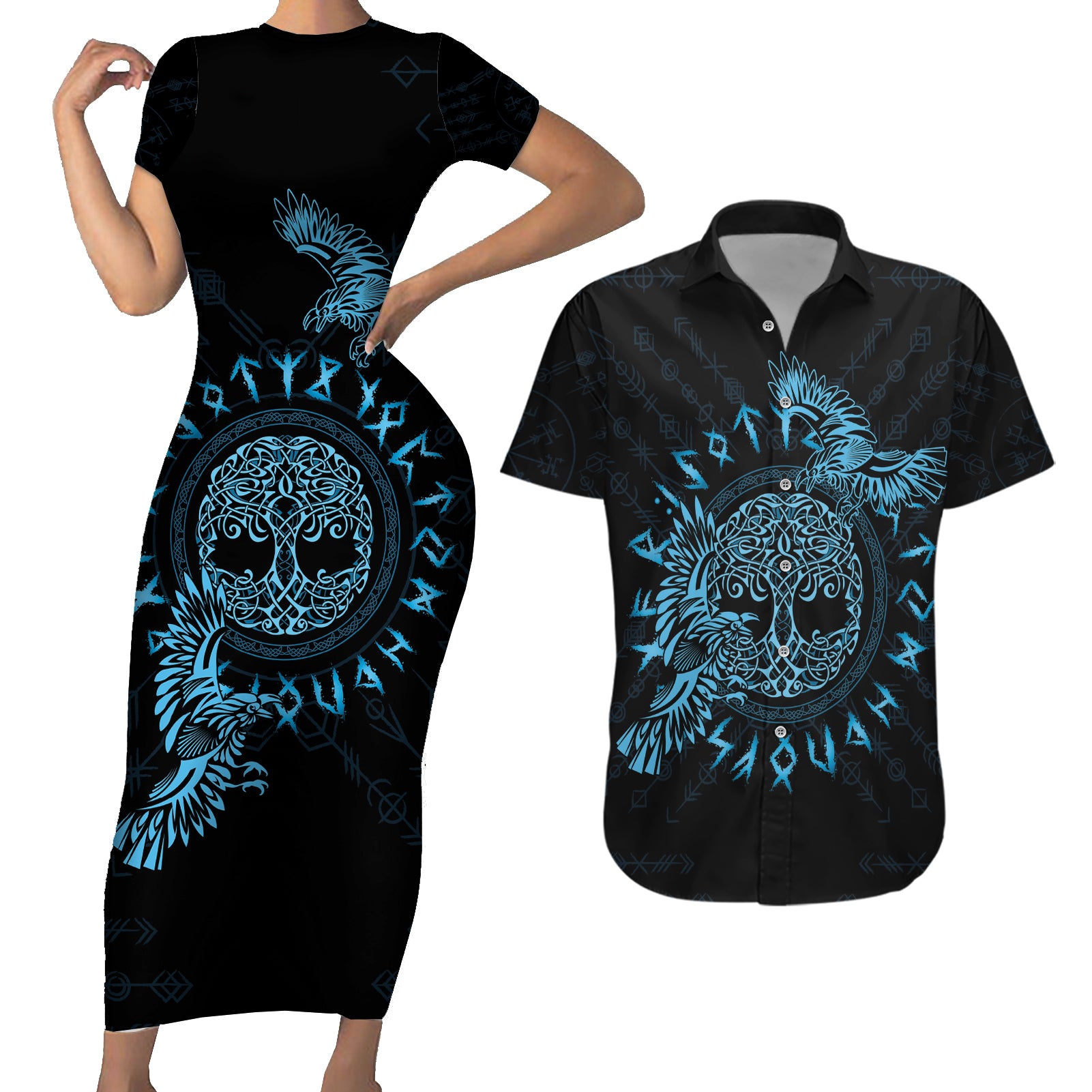 Personalized Odin's Celtic Raven Couples Matching Short Sleeve Bodycon Dress and Hawaiian Shirt Blue Scandinavian Tattoo LT9 - Wonder Print Shop