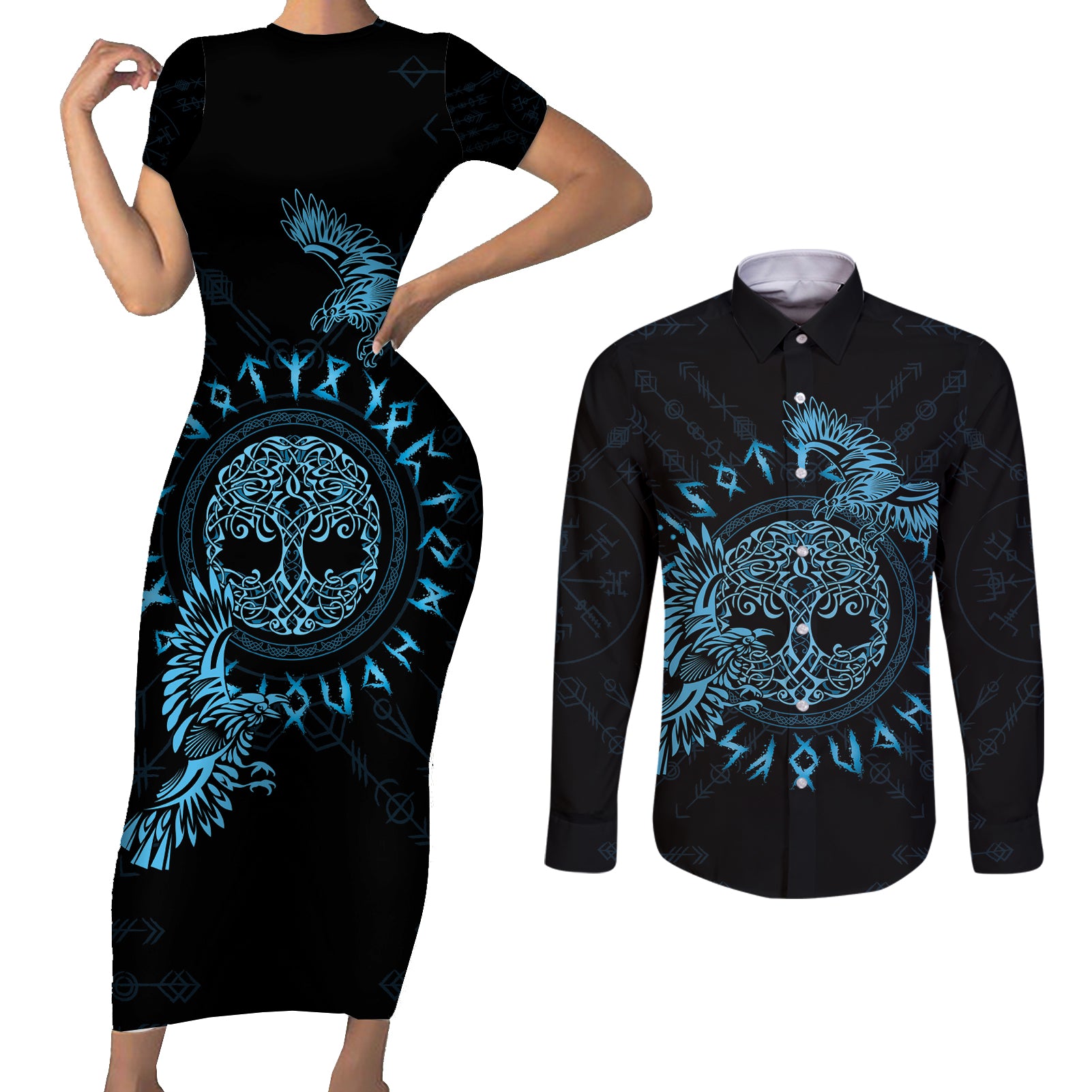 Personalized Odin's Celtic Raven Couples Matching Short Sleeve Bodycon Dress and Long Sleeve Button Shirt Blue Scandinavian Tattoo LT9 - Wonder Print Shop