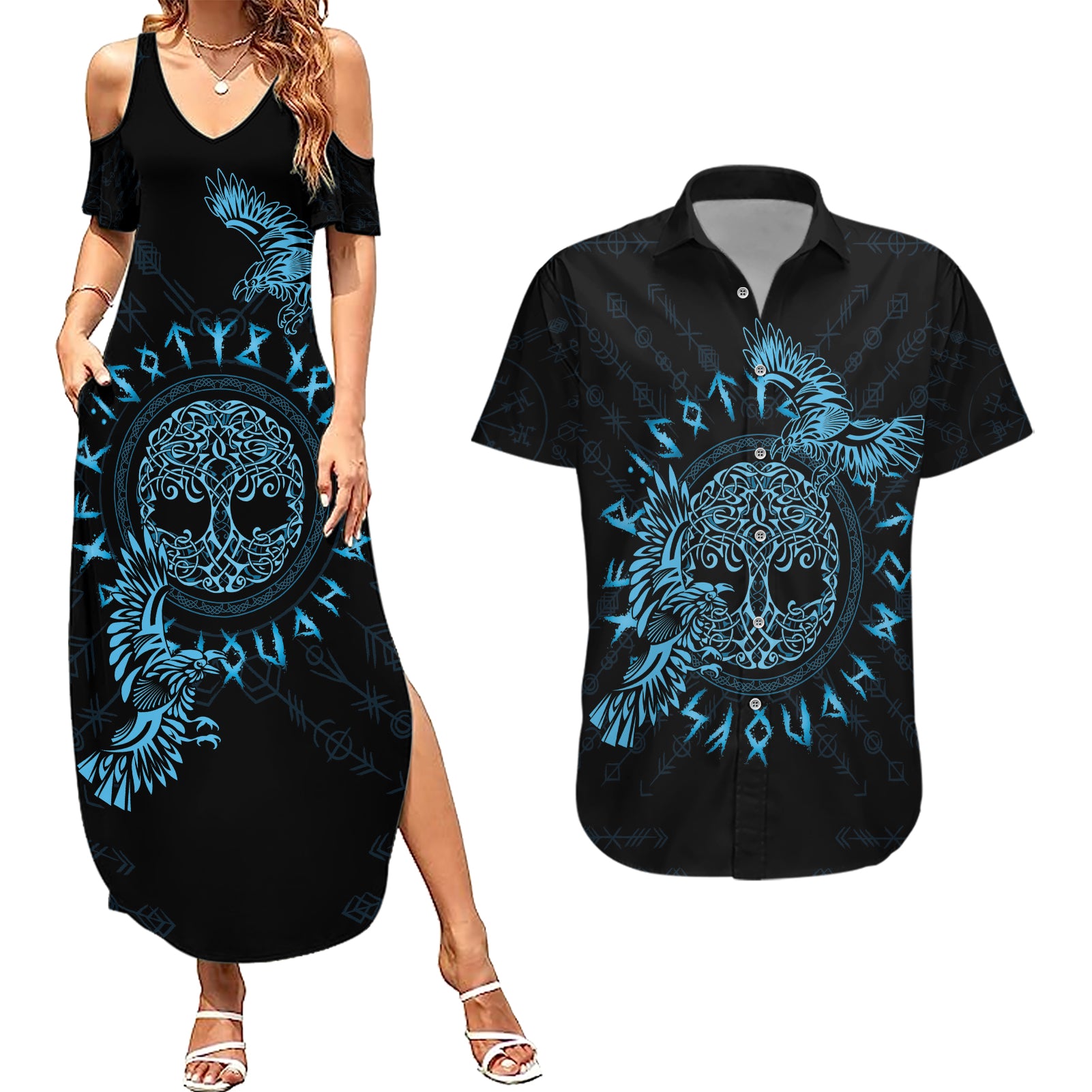 Personalized Odin's Celtic Raven Couples Matching Summer Maxi Dress and Hawaiian Shirt Blue Scandinavian Tattoo LT9 - Wonder Print Shop