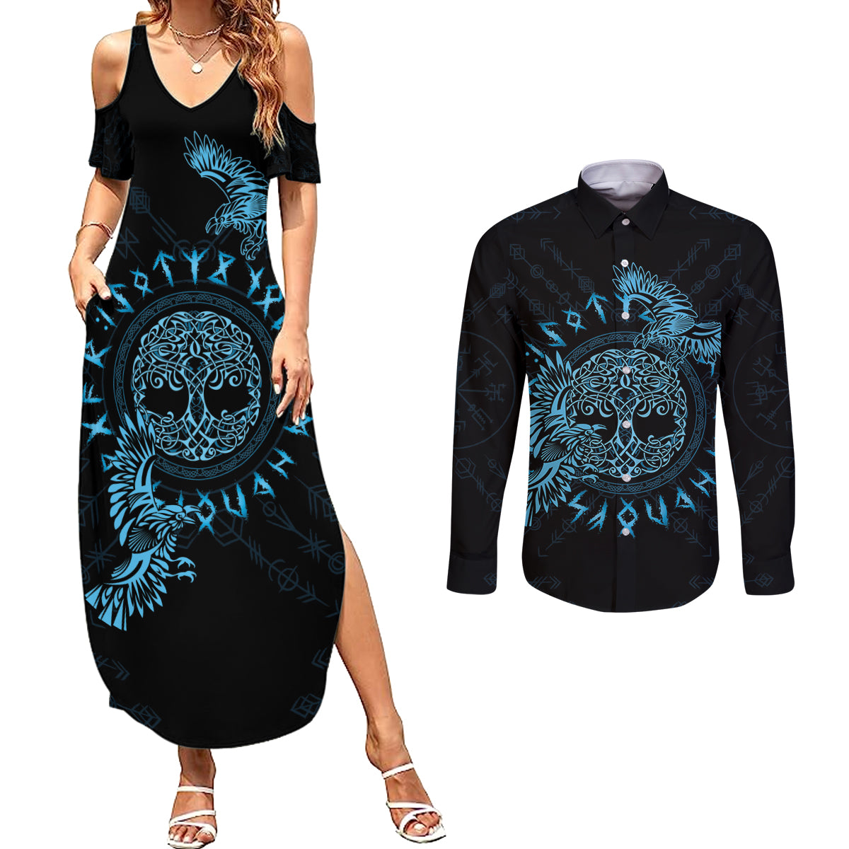 Personalized Odin's Celtic Raven Couples Matching Summer Maxi Dress and Long Sleeve Button Shirt Blue Scandinavian Tattoo LT9 - Wonder Print Shop