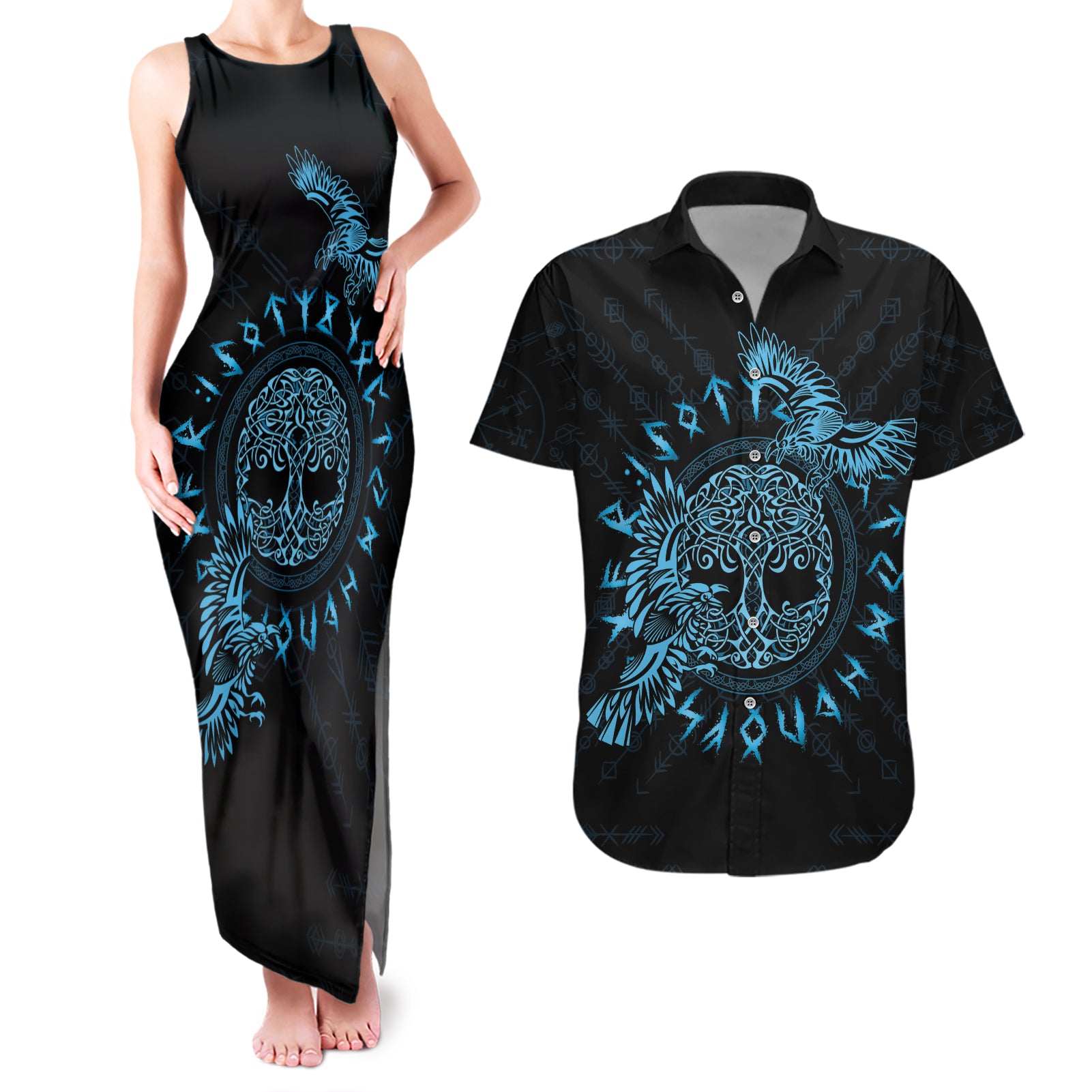 Personalized Odin's Celtic Raven Couples Matching Tank Maxi Dress and Hawaiian Shirt Blue Scandinavian Tattoo LT9 - Wonder Print Shop