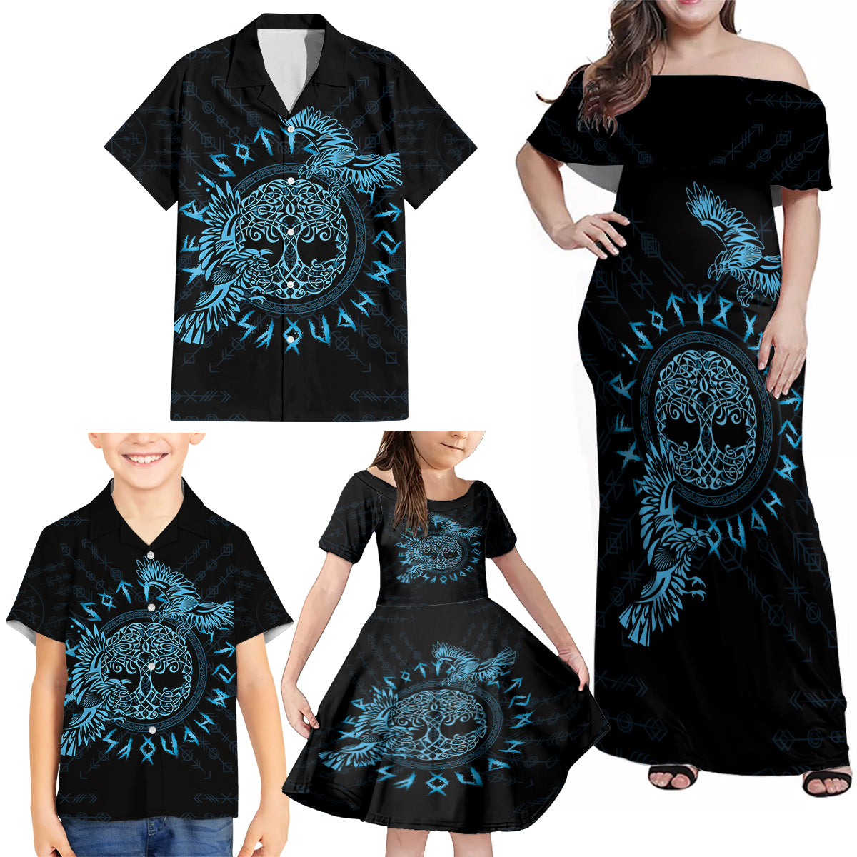 Personalized Odin's Celtic Raven Family Matching Off Shoulder Maxi Dress and Hawaiian Shirt Blue Scandinavian Tattoo LT9 - Wonder Print Shop